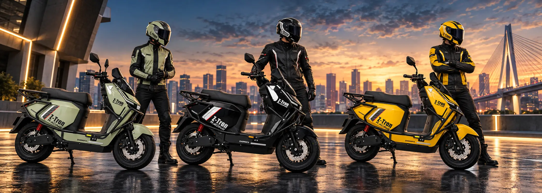 Three riders standing with there Z-tron EV Bike