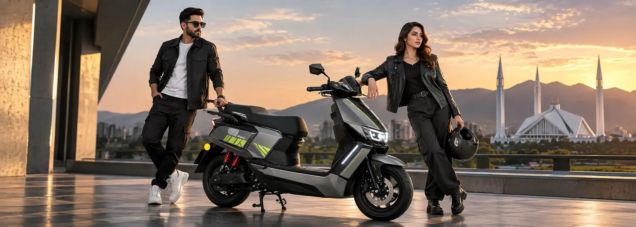 Man and Woman Standing with 007 ev bike